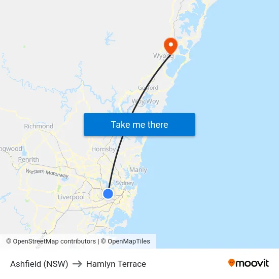 Ashfield (NSW) to Hamlyn Terrace map