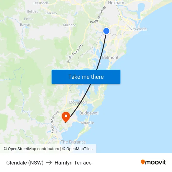 Glendale (NSW) to Hamlyn Terrace map