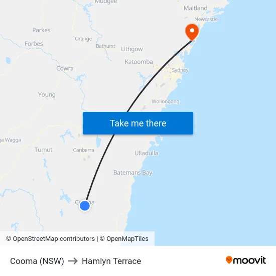 Cooma (NSW) to Hamlyn Terrace map