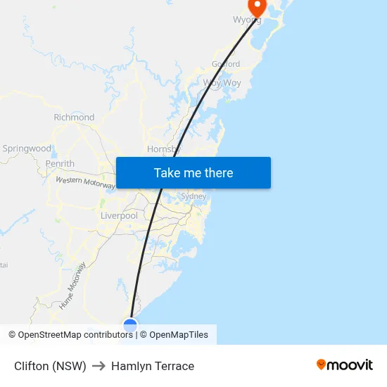 Clifton (NSW) to Hamlyn Terrace map