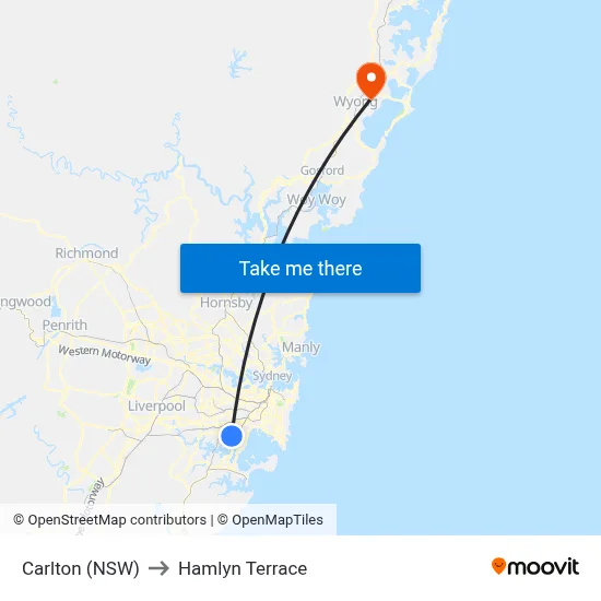 Carlton (NSW) to Hamlyn Terrace map