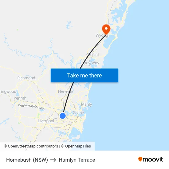 Homebush (NSW) to Hamlyn Terrace map