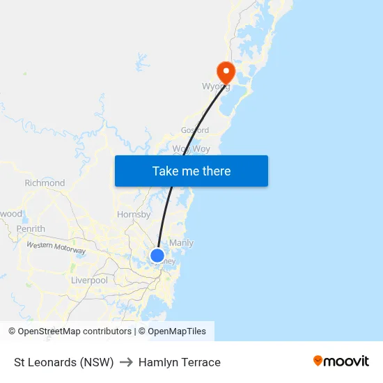 St Leonards (NSW) to Hamlyn Terrace map