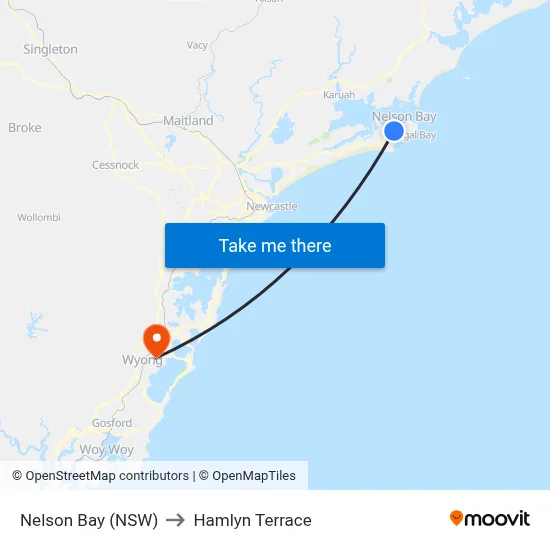 Nelson Bay (NSW) to Hamlyn Terrace map