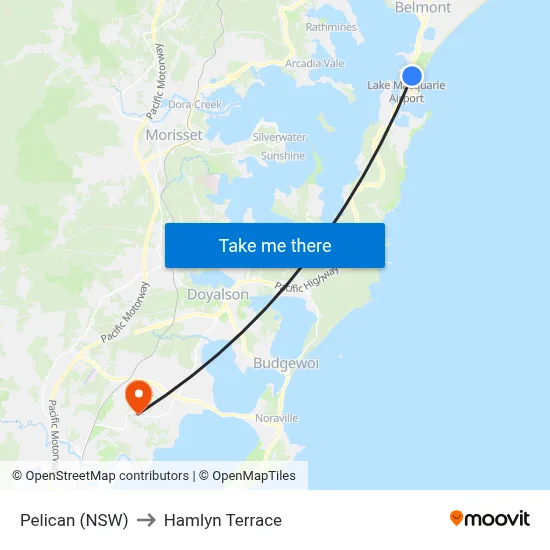 Pelican (NSW) to Hamlyn Terrace map
