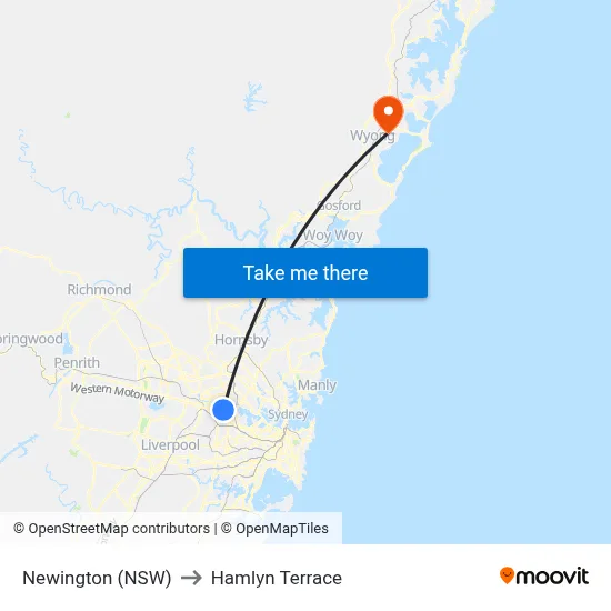 Newington (NSW) to Hamlyn Terrace map