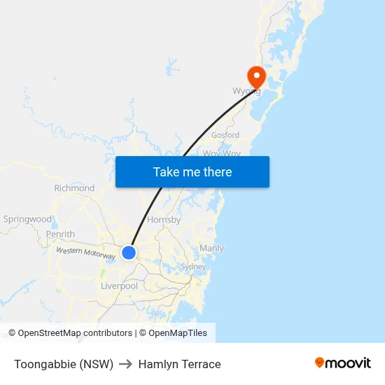 Toongabbie (NSW) to Hamlyn Terrace map
