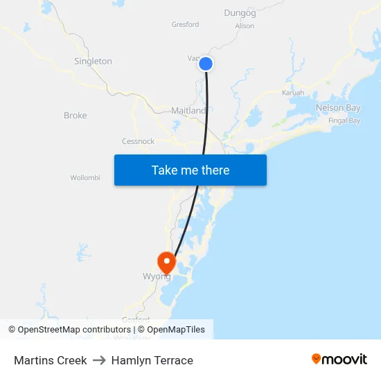 Martins Creek to Hamlyn Terrace map