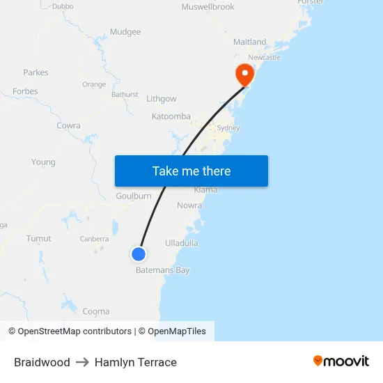 Braidwood to Hamlyn Terrace map