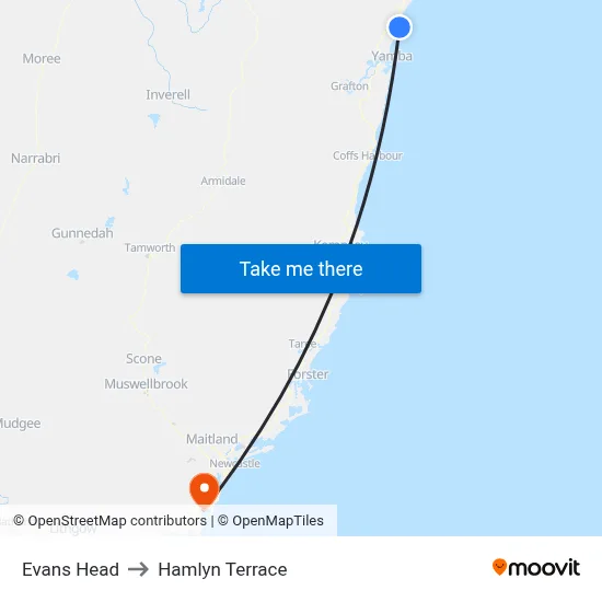 Evans Head to Hamlyn Terrace map