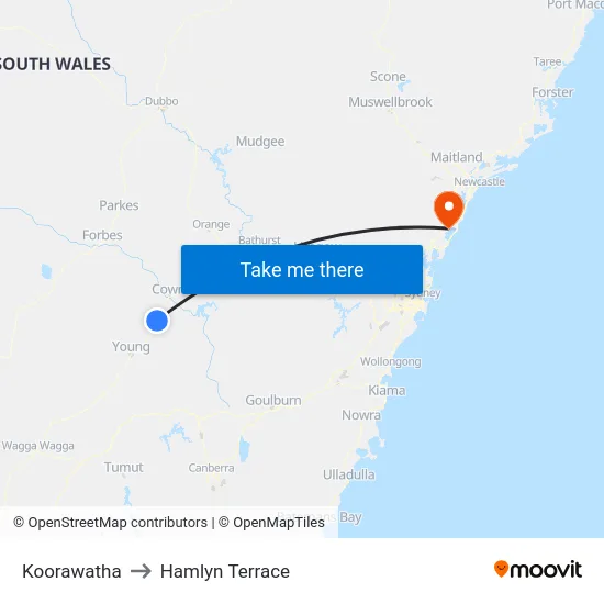 Koorawatha to Hamlyn Terrace map