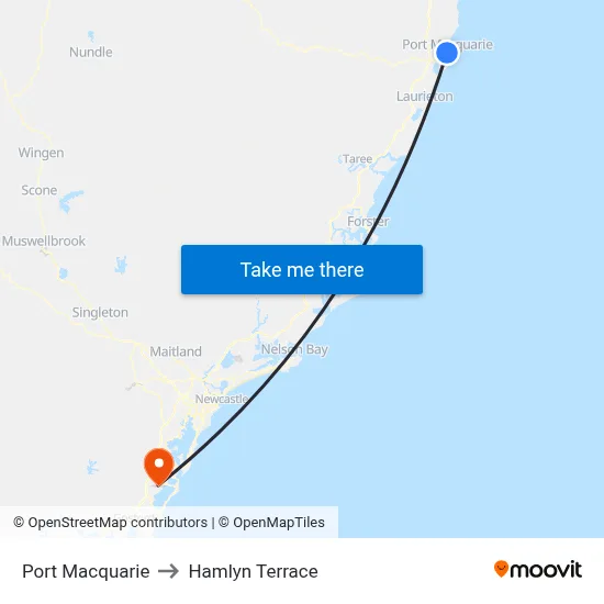 Port Macquarie to Hamlyn Terrace map