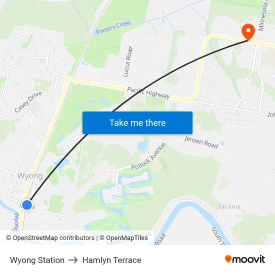 Wyong Station to Hamlyn Terrace map