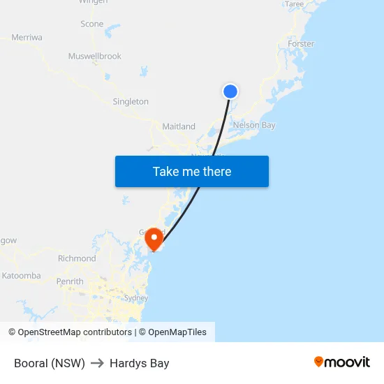 Booral (NSW) to Hardys Bay map