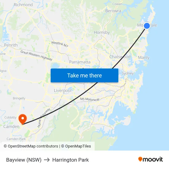 Bayview (NSW) to Harrington Park map