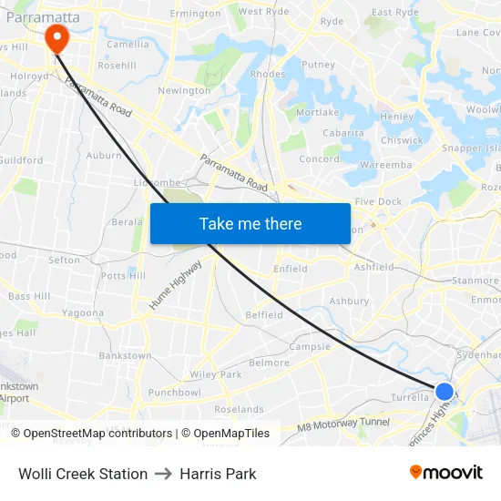 Wolli Creek Station to Harris Park map