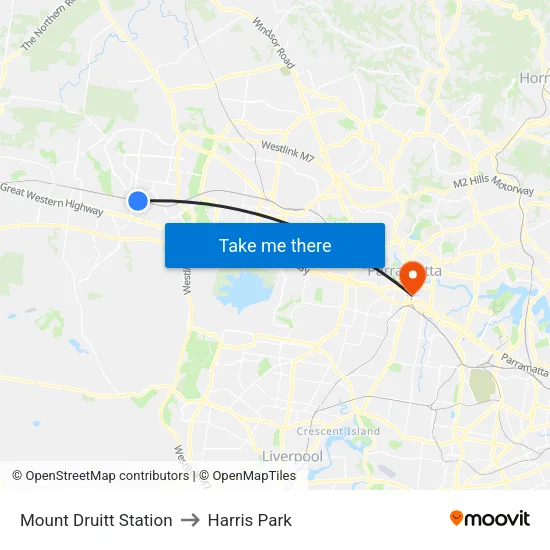 Mount Druitt Station to Harris Park map
