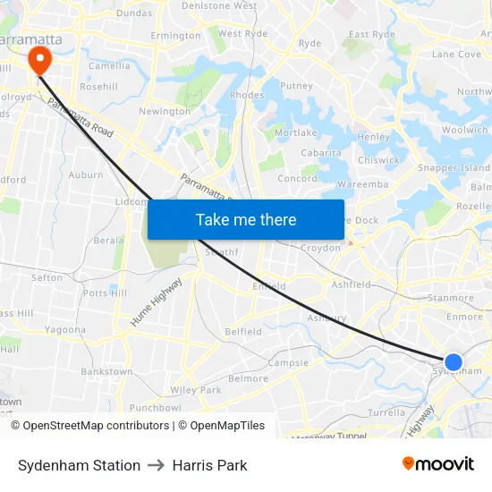 Sydenham Station to Harris Park map