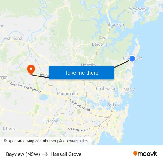 Bayview (NSW) to Hassall Grove map