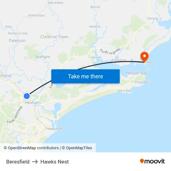 Beresfield to Hawks Nest map