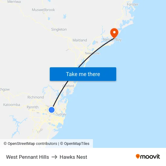 West Pennant Hills to Hawks Nest map