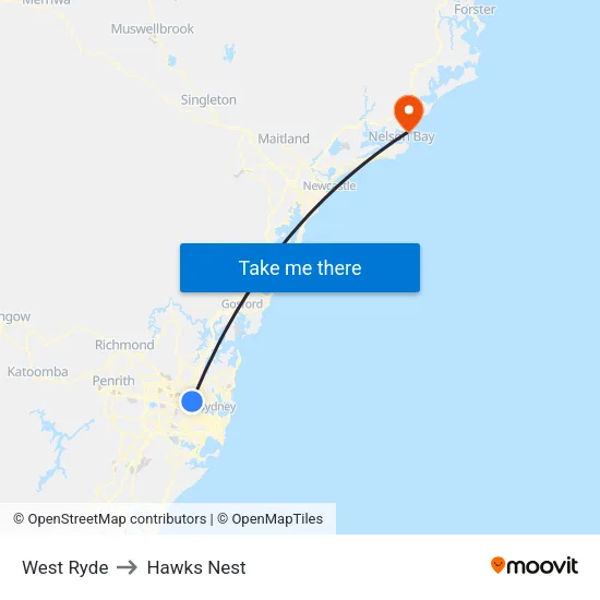 West Ryde to Hawks Nest map