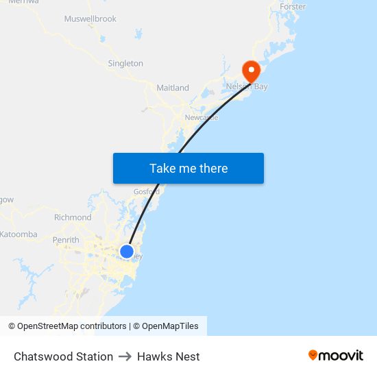 Chatswood Station to Hawks Nest map