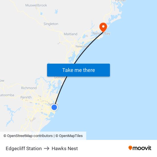 Edgecliff Station to Hawks Nest map