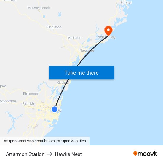 Artarmon Station to Hawks Nest map