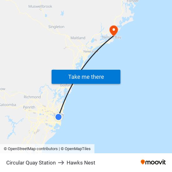 Circular Quay Station to Hawks Nest map