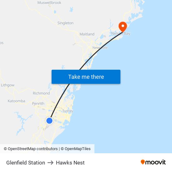 Glenfield Station to Hawks Nest map