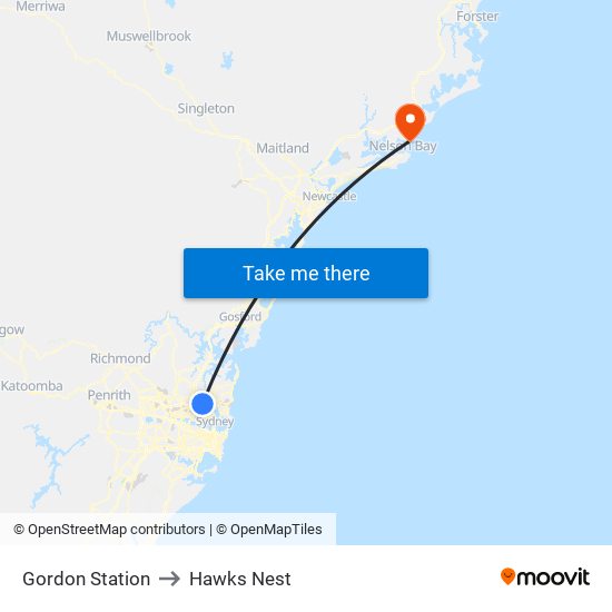 Gordon Station to Hawks Nest map