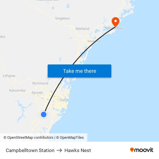 Campbelltown Station to Hawks Nest map