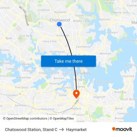 Chatswood Station, Stand C to Haymarket map