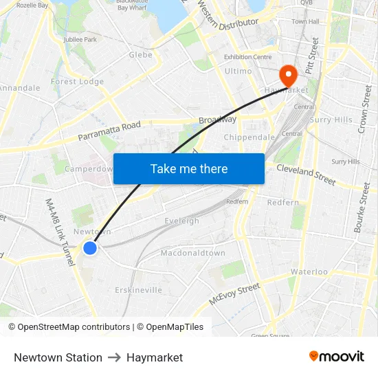 Newtown Station to Haymarket map