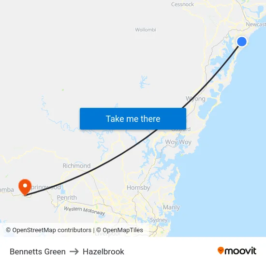 Bennetts Green to Hazelbrook map