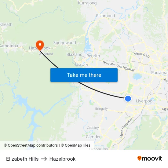 Elizabeth Hills to Hazelbrook map