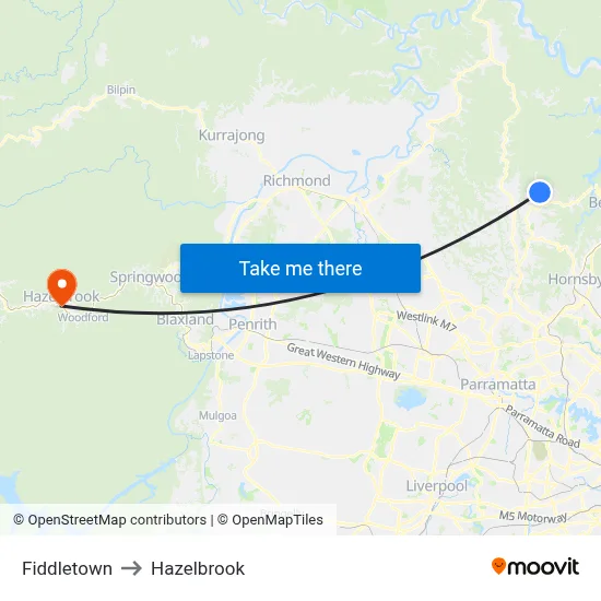 Fiddletown to Hazelbrook map
