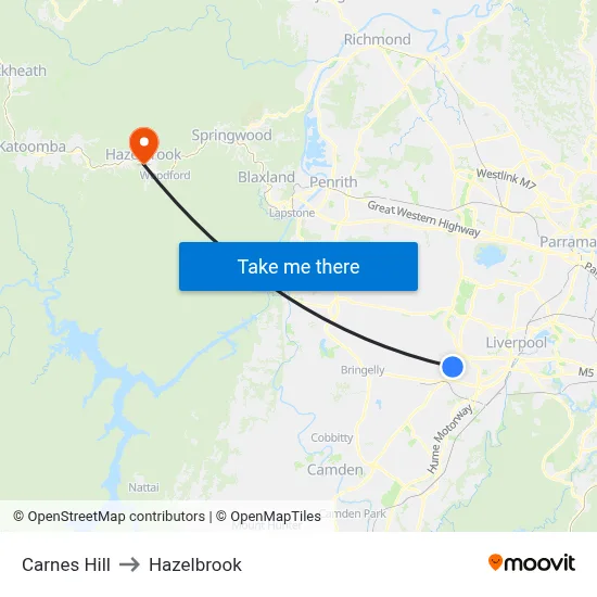 Carnes Hill to Hazelbrook map