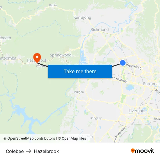 Colebee to Hazelbrook map