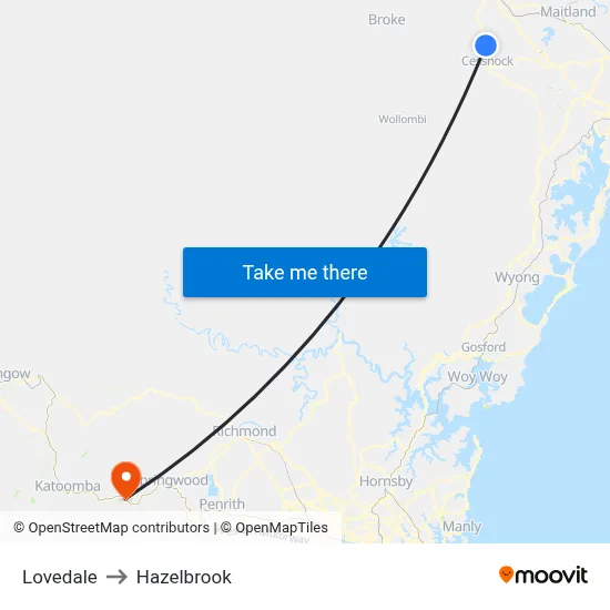 Lovedale to Hazelbrook map