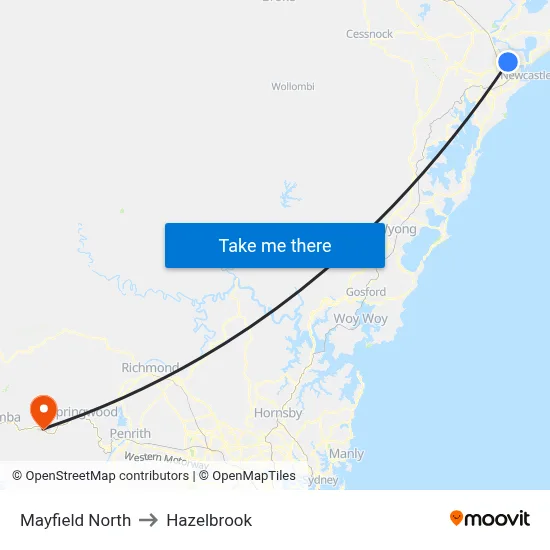 Mayfield North to Hazelbrook map