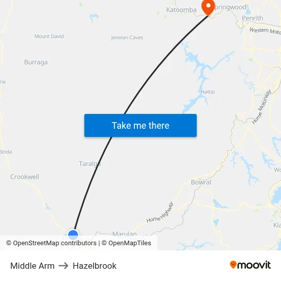 Middle Arm to Hazelbrook map