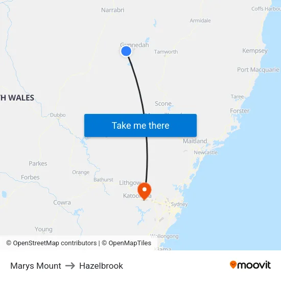 Marys Mount to Hazelbrook map