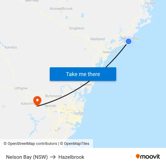 Nelson Bay (NSW) to Hazelbrook map