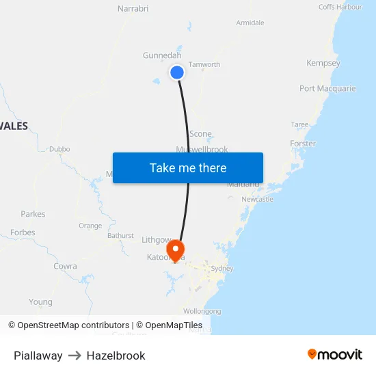 Piallaway to Hazelbrook map