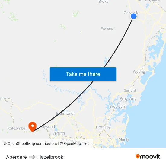 Aberdare to Hazelbrook map