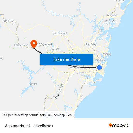 Alexandria to Hazelbrook map