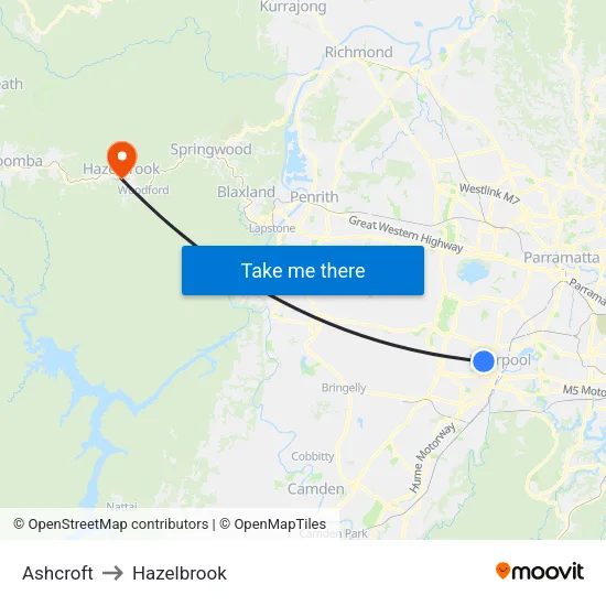 Ashcroft to Hazelbrook map