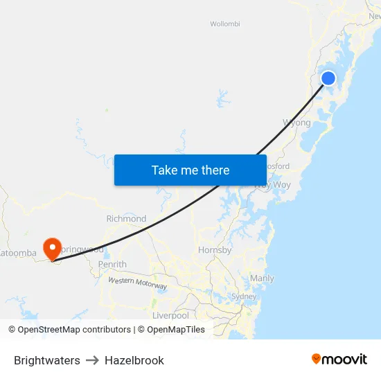 Brightwaters to Hazelbrook map